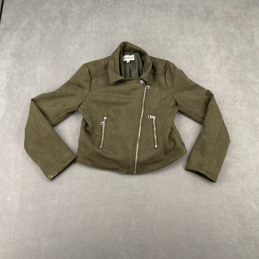 Vigoss Faux Suede Moto Jacket Womens Small Olive Green Lined Asymmetrical Zip